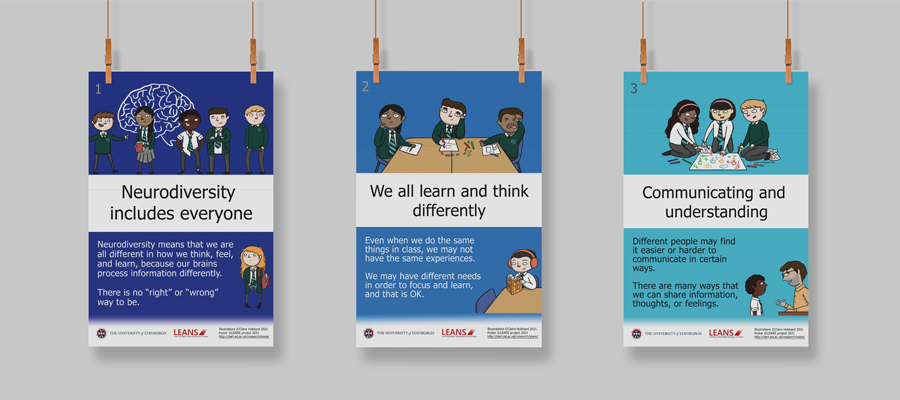 Three LEANS classroom posters \"neurodiversity includes everyone\", \"we all learn and think differently\", \"communicating and understanding\", Illustrations: Clare Hubbard 2021, poster: LEANS project 2021