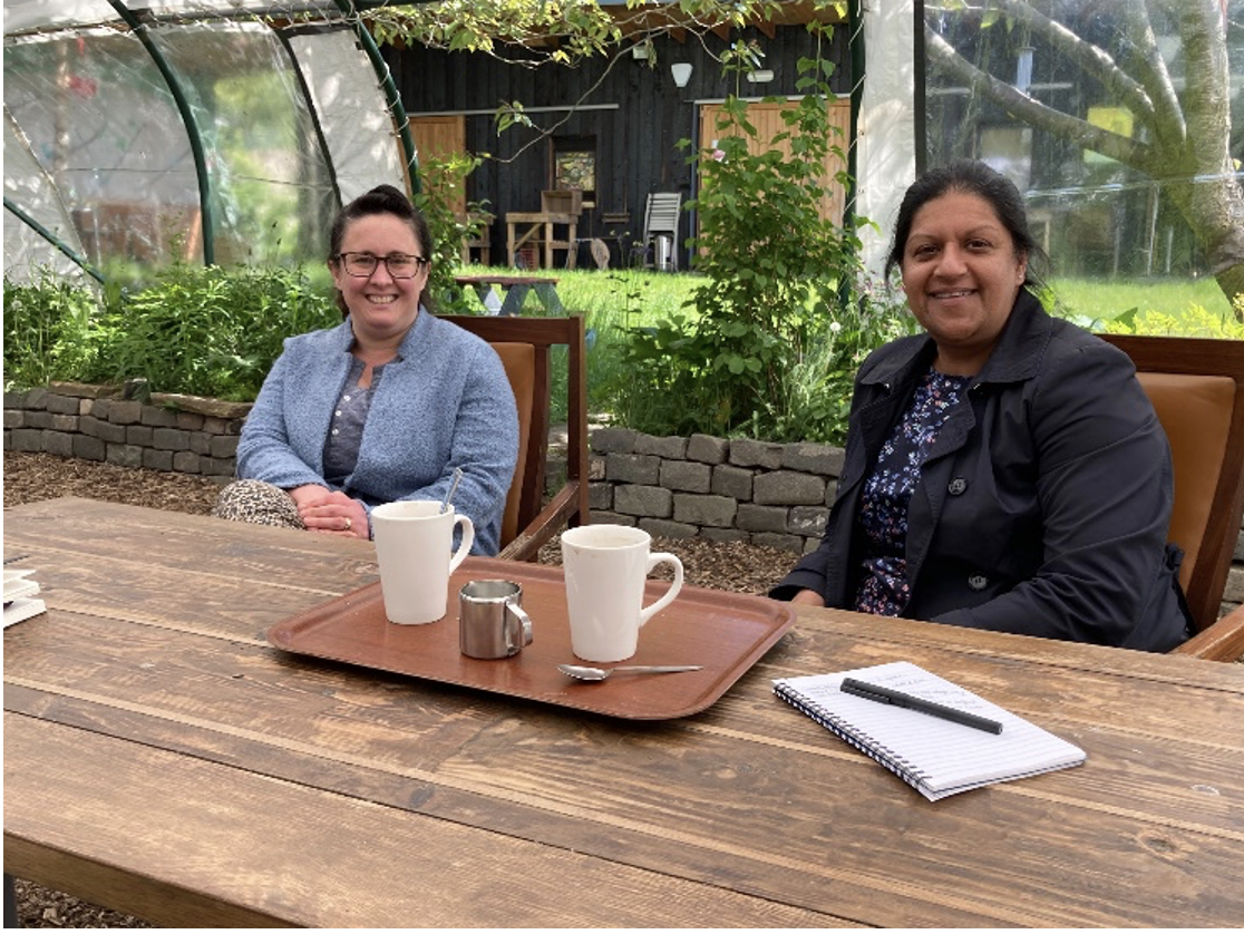 Sarah Anderson meeting Saeema Hayat, local community food champion, at Bridgend Farmhouse